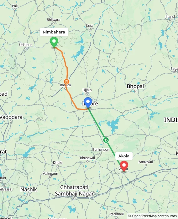 Route map showing distance and travel time from Nimbahera, India to Akola, India