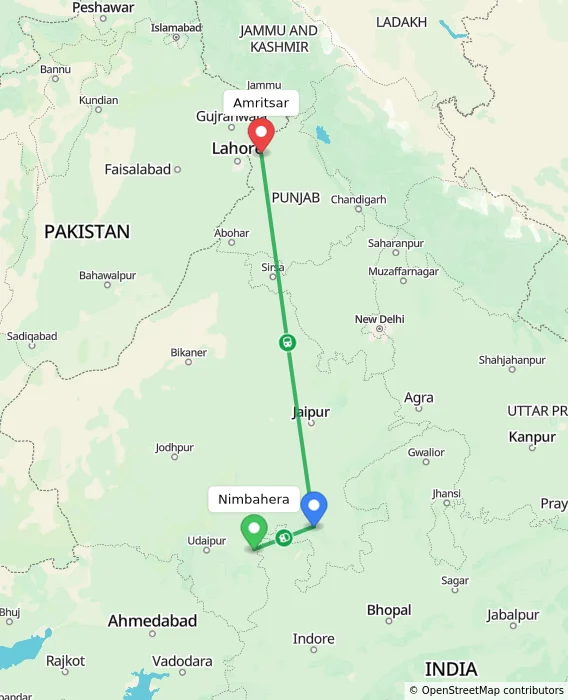 Route map showing distance and travel time from Nimbahera, India to Amritsar, India