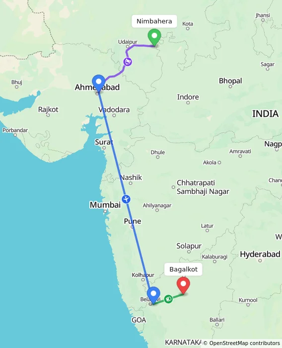 Route map showing distance and travel time from Nimbahera, India to Bagalkot, India