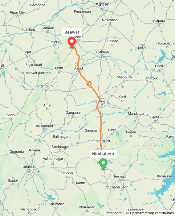 Route map showing distance and travel time from Nimbahera, India to Beawar, India