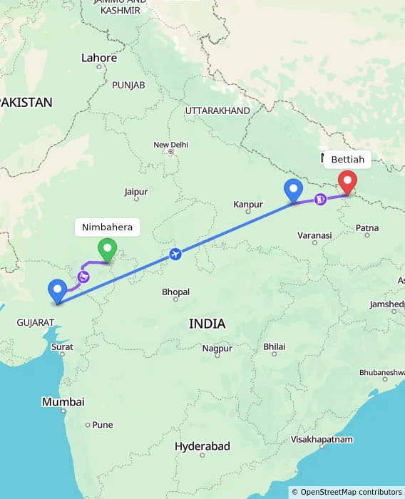 Route map showing distance and travel time from Nimbahera, India to Bettiah, India
