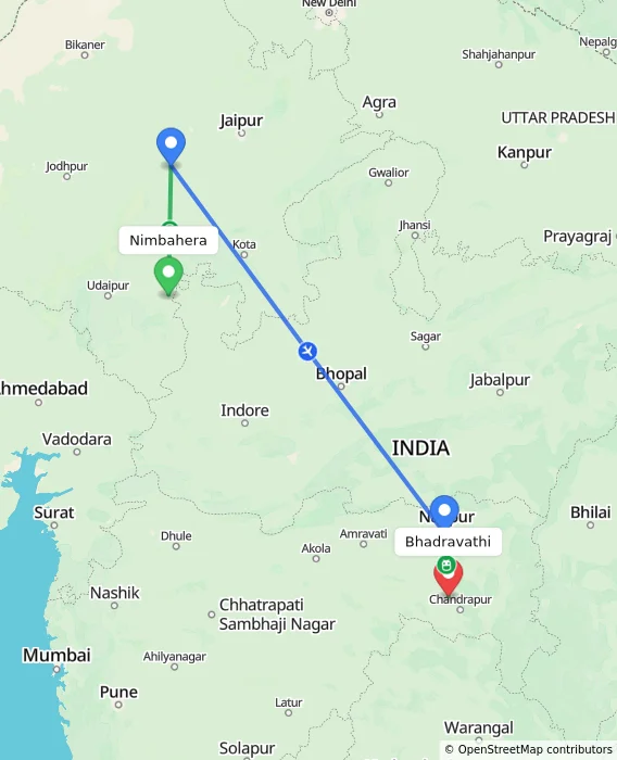 Route map showing distance and travel time from Nimbahera, India to Bhadravathi, India
