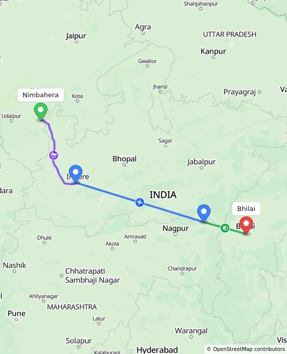 Route map showing distance and travel time from Nimbahera, India to Bhilai, India