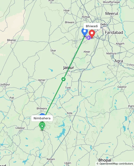 Route map showing distance and travel time from Nimbahera, India to Bhiwadi, India