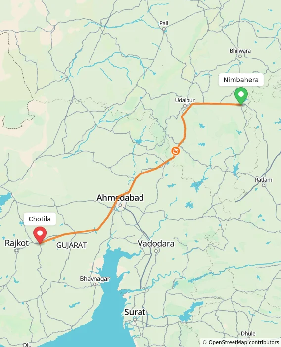 Route map showing distance and travel time from Nimbahera, India to Chotila, India