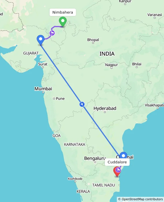 Route map showing distance and travel time from Nimbahera, India to Cuddalore, India