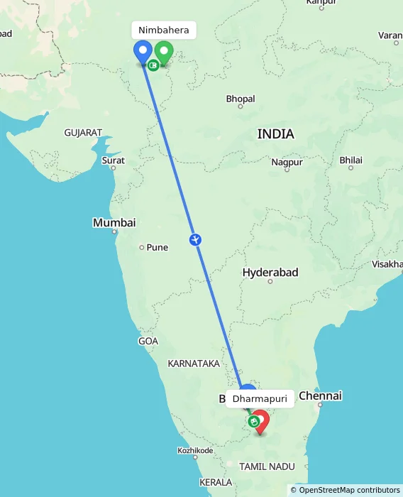 Route map showing distance and travel time from Nimbahera, India to Dharmapuri, India