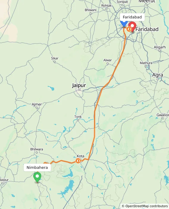 Route map showing distance and travel time from Nimbahera, India to Faridabad, India