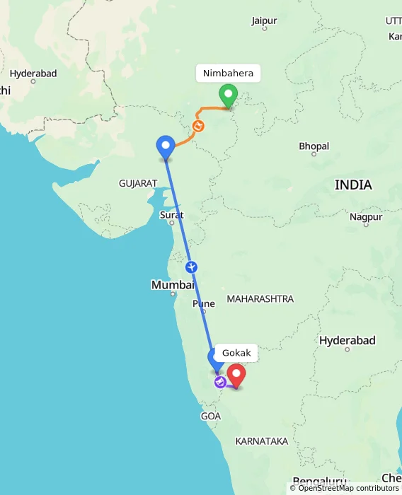 Route map showing distance and travel time from Nimbahera, India to Gokak, India