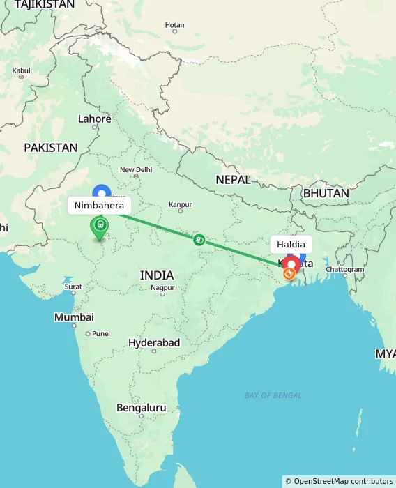 Route map showing distance and travel time from Nimbahera, India to Haldia, India