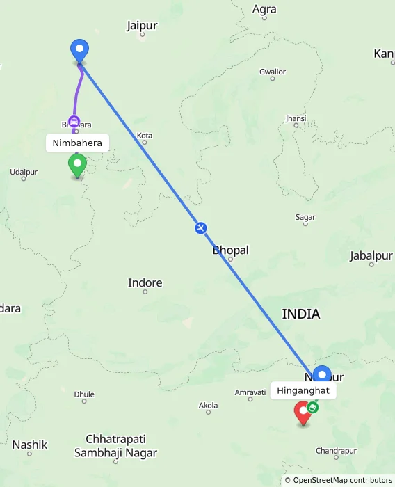 Route map showing distance and travel time from Nimbahera, India to Hinganghat, India