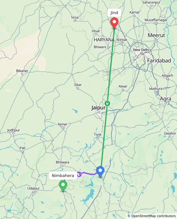 Route map showing distance and travel time from Nimbahera, India to Jind, India
