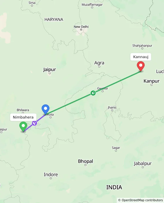 Route map showing distance and travel time from Nimbahera, India to Kannauj, India