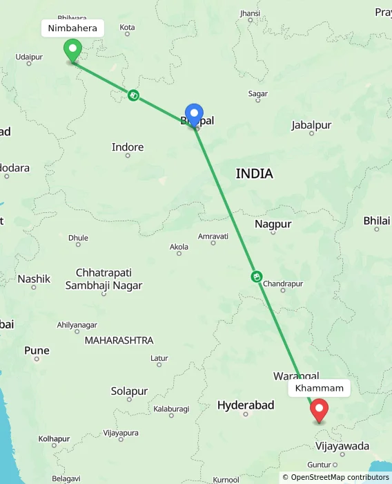 Route map showing distance and travel time from Nimbahera, India to Khammam, India