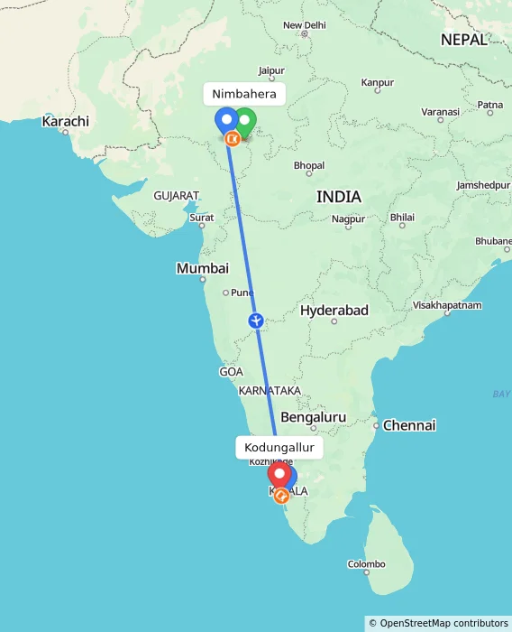 Route map showing distance and travel time from Nimbahera, India to Kodungallur, India
