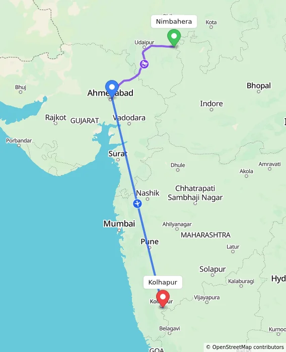 Route map showing distance and travel time from Nimbahera, India to Kolhapur, India