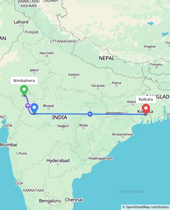 Route map showing distance and travel time from Nimbahera, India to Kolkata, India