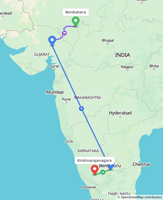 Route map showing distance and travel time from Nimbahera, India to Krishnarajanagara, India