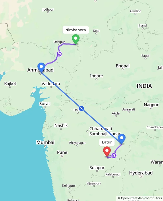 Route map showing distance and travel time from Nimbahera, India to Latur, India