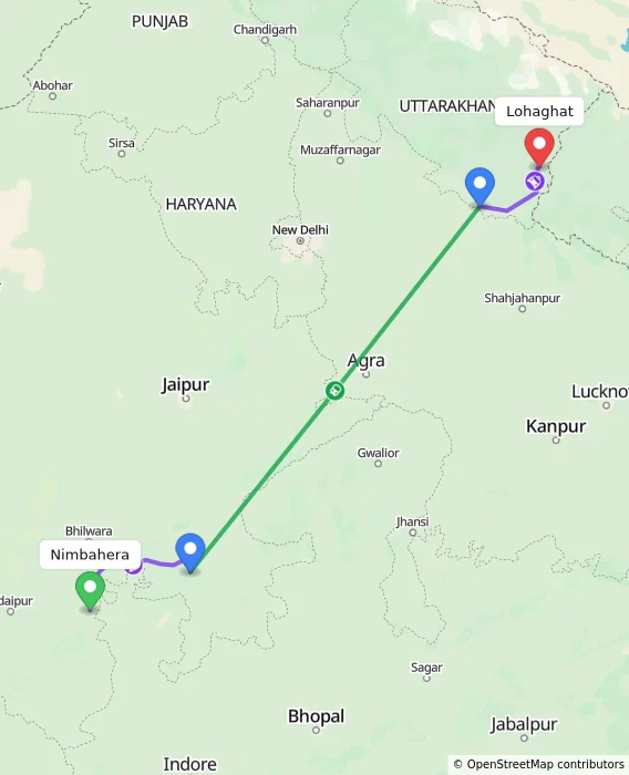 Route map showing distance and travel time from Nimbahera, India to Lohaghat, India