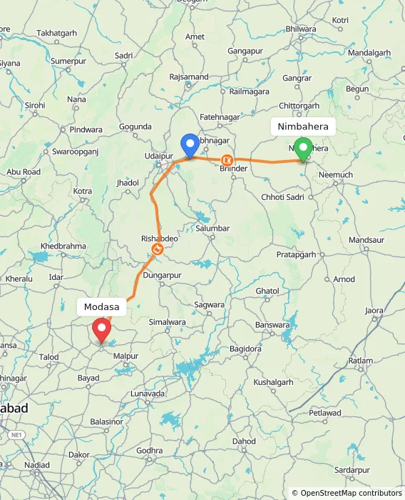 Route map showing distance and travel time from Nimbahera, India to Modasa, India