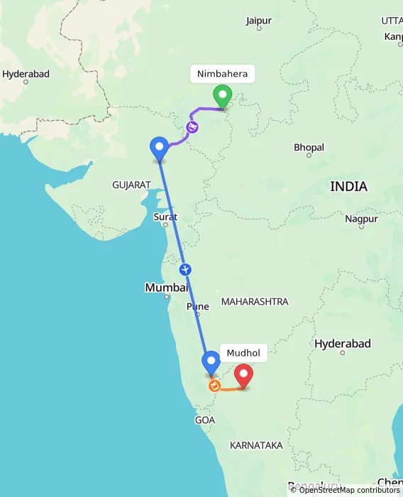 Route map showing distance and travel time from Nimbahera, India to Mudhol, India