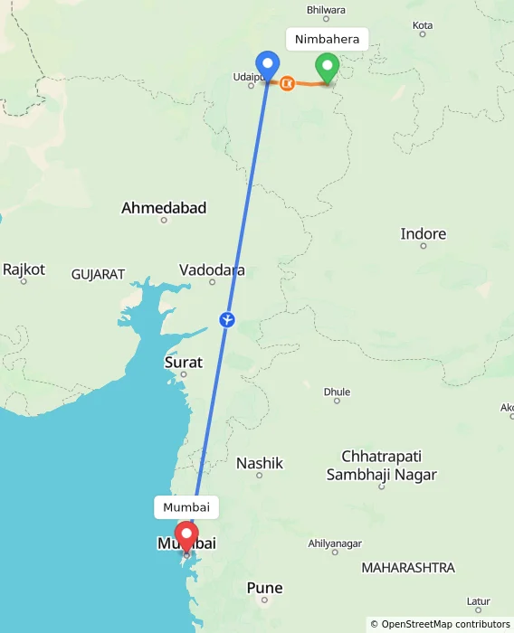 Route map showing distance and travel time from Nimbahera, India to Mumbai, India