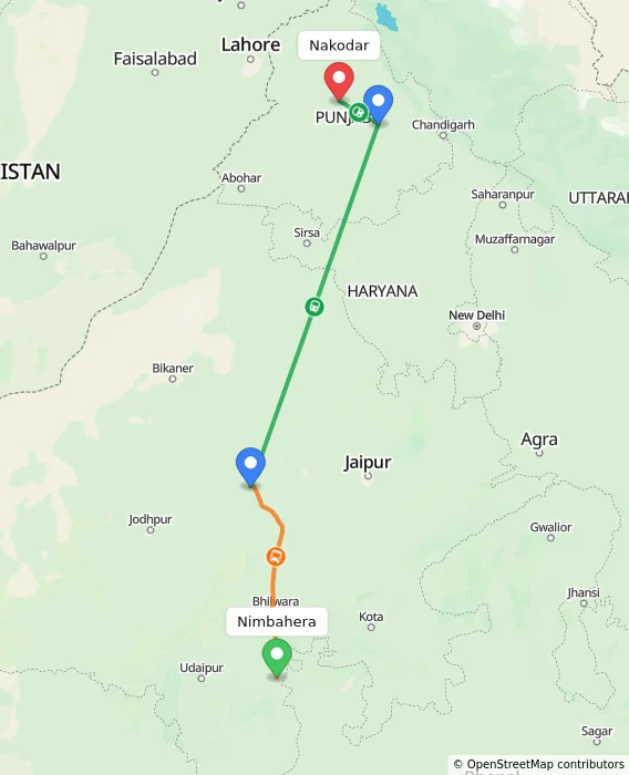 Route map showing distance and travel time from Nimbahera, India to Nakodar, India