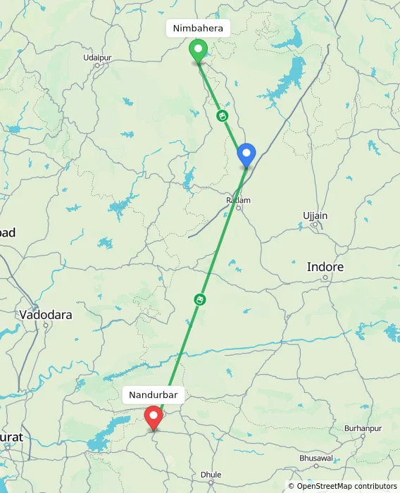 Route map showing distance and travel time from Nimbahera, India to Nandurbar, India