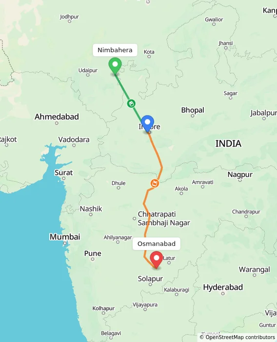 Route map showing distance and travel time from Nimbahera, India to Osmanabad, India