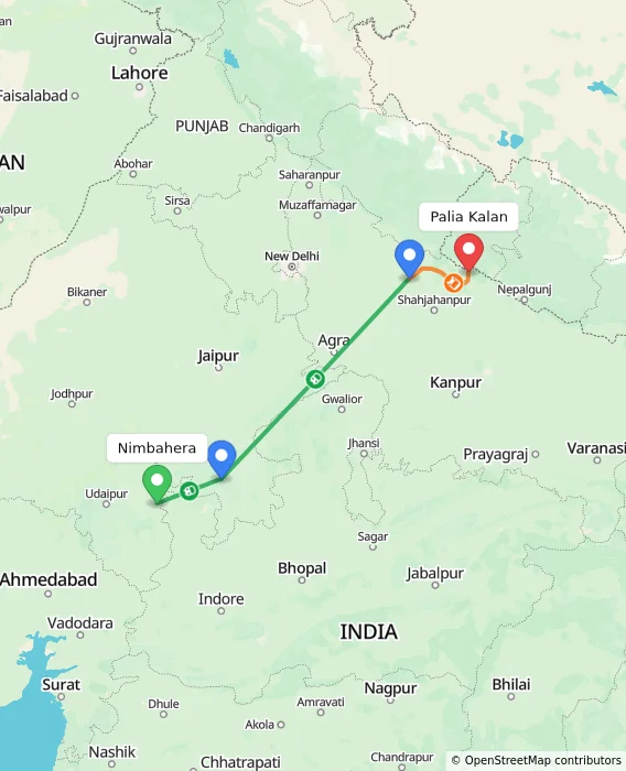 Route map showing distance and travel time from Nimbahera, India to Palia Kalan, India
