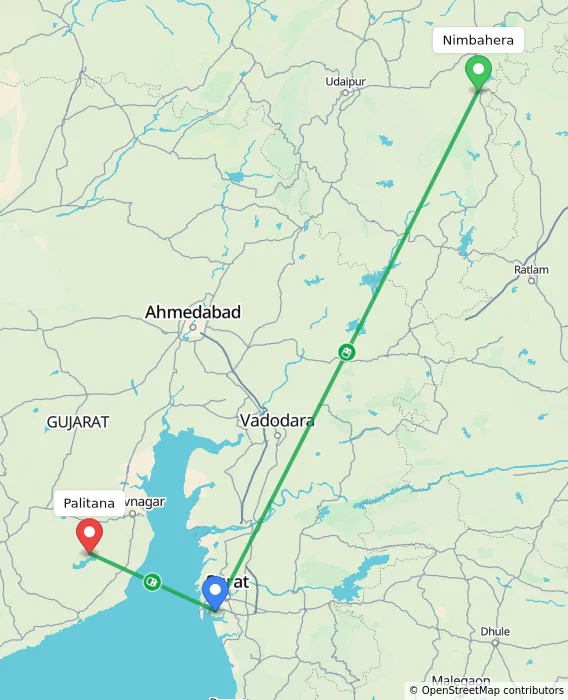 Route map showing distance and travel time from Nimbahera, India to Palitana, India