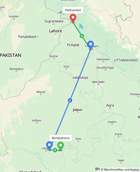 Route map showing distance and travel time from Nimbahera, India to Pathankot, India