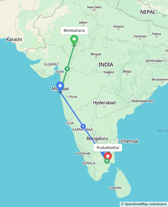 Route map showing distance and travel time from Nimbahera, India to Pudukkottai, India