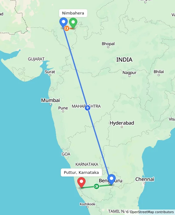 Route map showing distance and travel time from Nimbahera, India to Puttur, Karnataka, India