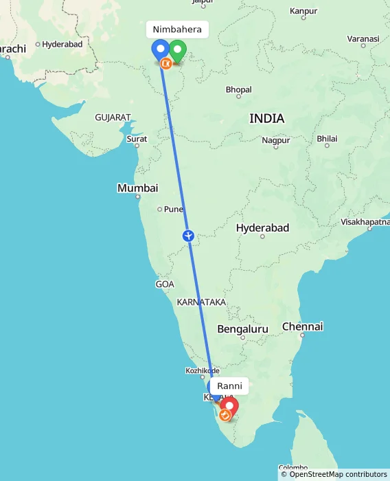 Route map showing distance and travel time from Nimbahera, India to Ranni, India