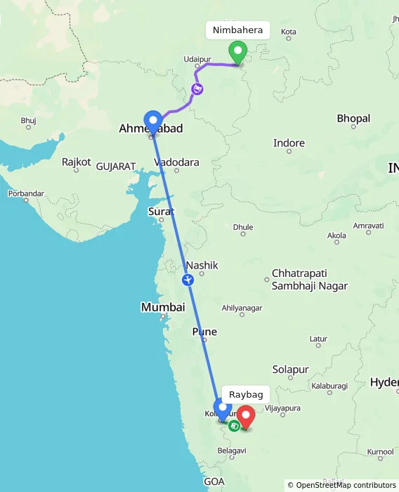 Route map showing distance and travel time from Nimbahera, India to Raybag, India