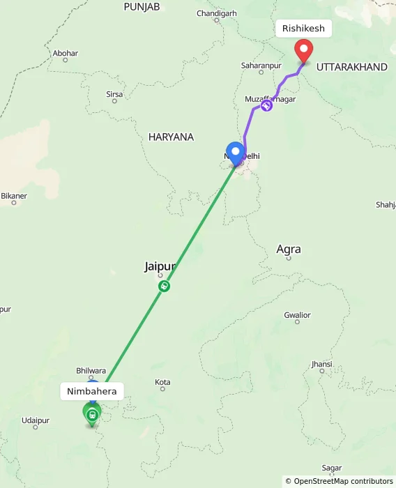 Route map showing distance and travel time from Nimbahera, India to Rishikesh, India