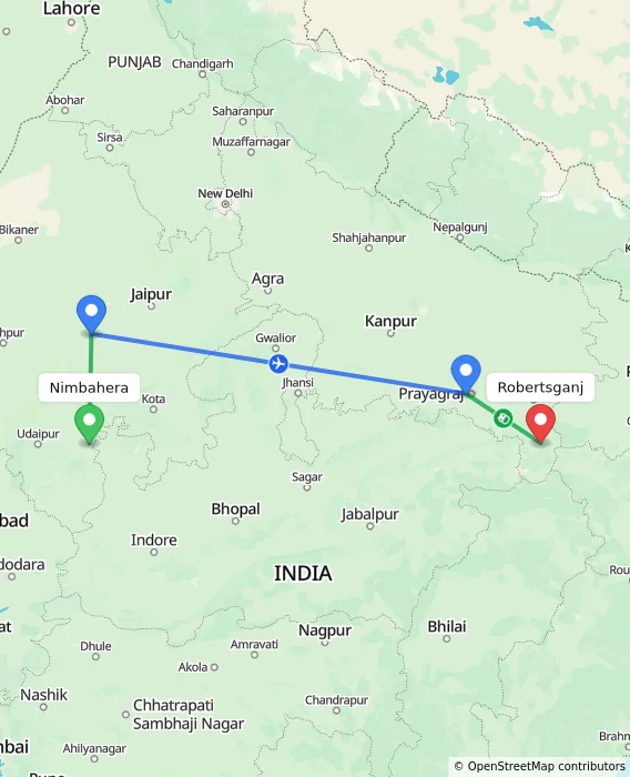 Route map showing distance and travel time from Nimbahera, India to Robertsganj, India