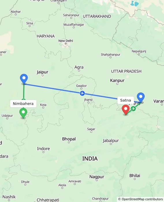 Route map showing distance and travel time from Nimbahera, India to Satna, India