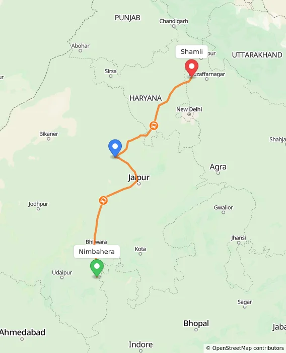 Route map showing distance and travel time from Nimbahera, India to Shamli, India