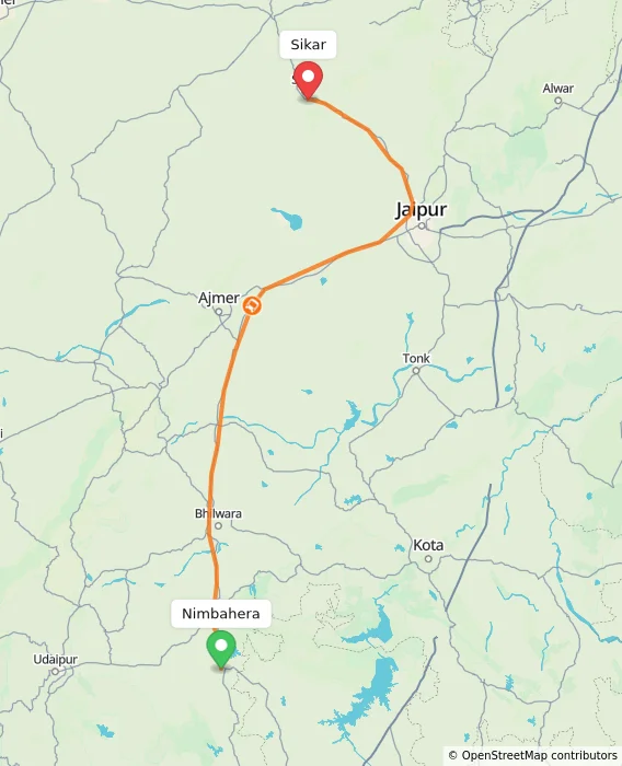 Route map showing distance and travel time from Nimbahera, India to Sikar, India