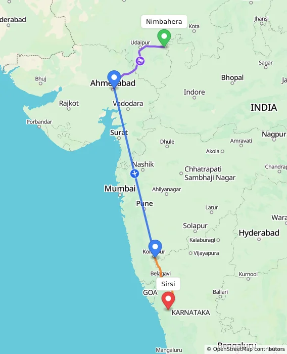 Route map showing distance and travel time from Nimbahera, India to Sirsi, India