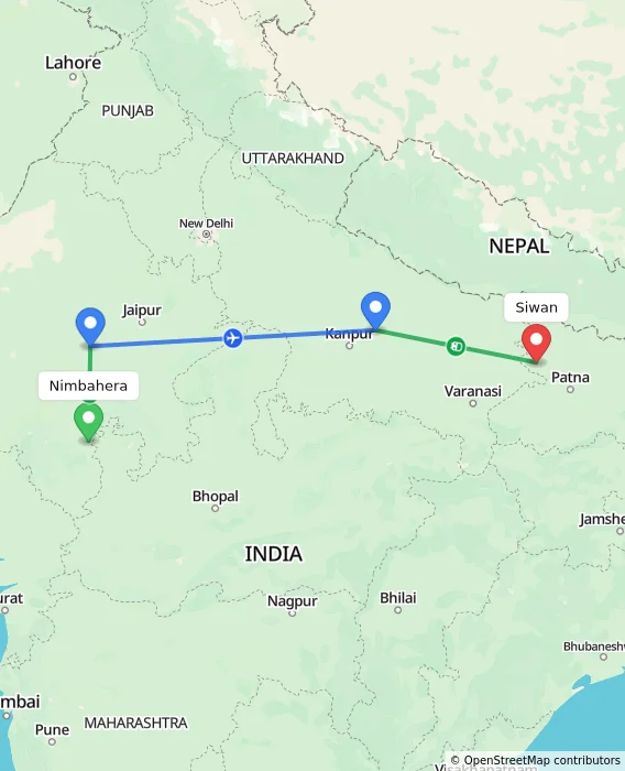 Route map showing distance and travel time from Nimbahera, India to Siwan, India