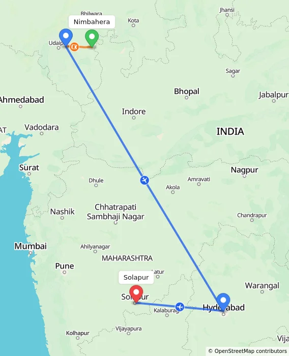 Route map showing distance and travel time from Nimbahera, India to Solapur, India