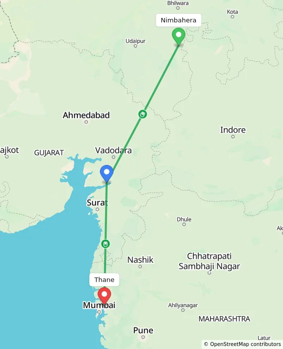 Route map showing distance and travel time from Nimbahera, India to Thane, India