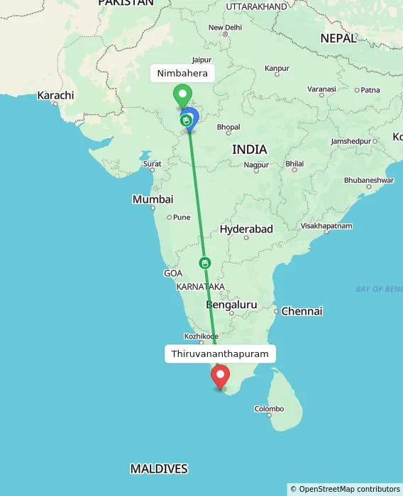 Route map showing distance and travel time from Nimbahera, India to Thiruvananthapuram, India
