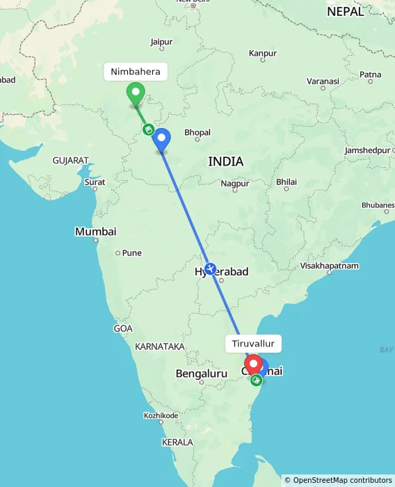Route map showing distance and travel time from Nimbahera, India to Tiruvallur, India
