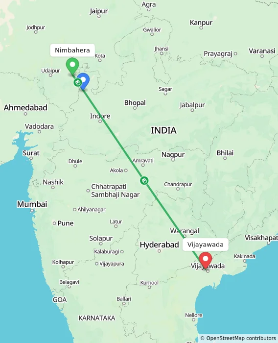 Route map showing distance and travel time from Nimbahera, India to Vijayawada, India