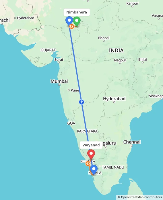 Route map showing distance and travel time from Nimbahera, India to Wayanad, India